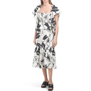 Farm Rio Women's Graphic Leaves Off White Midi Dress -‎ Ruffle Sleeves